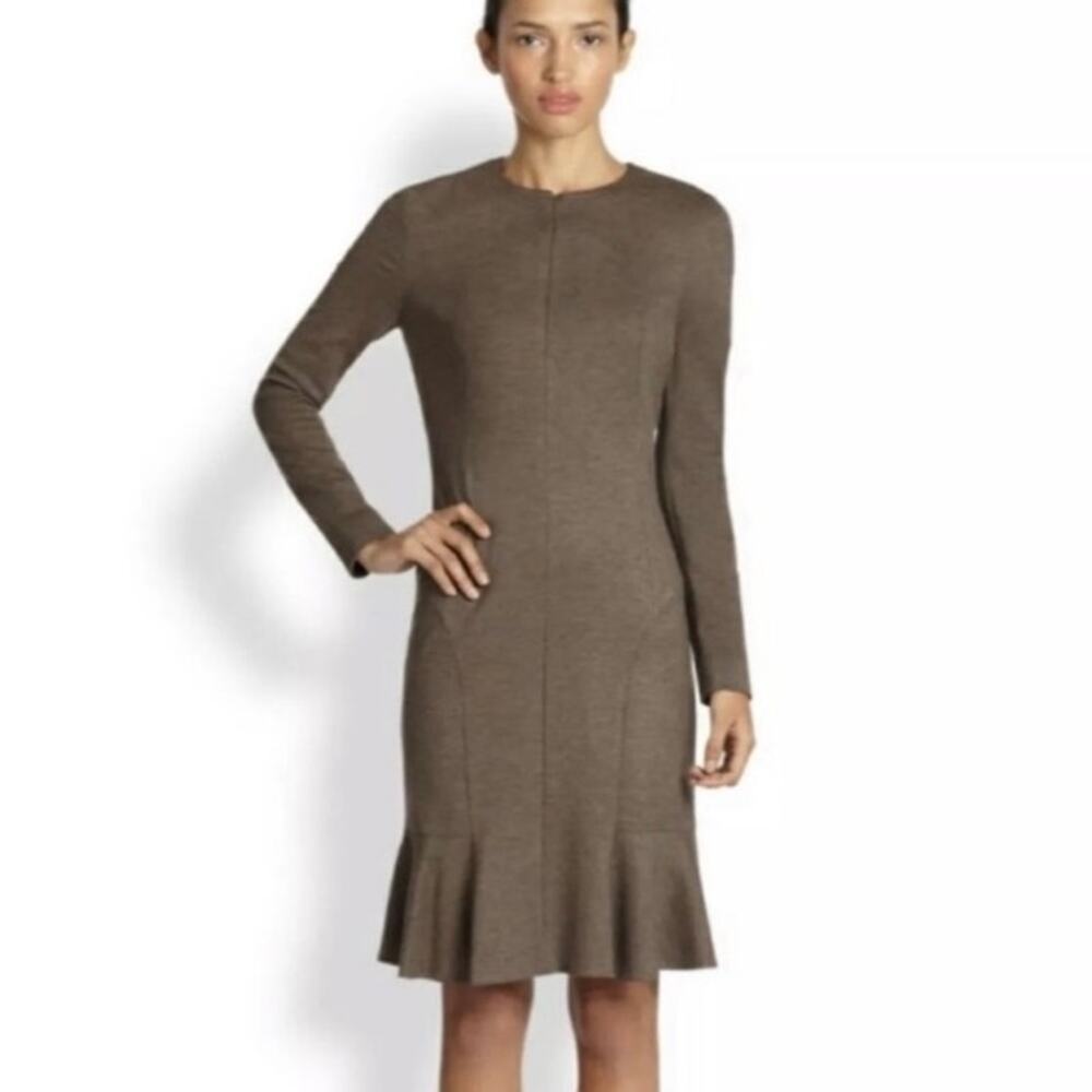 AKRIS Punto Front And Back Zip 3/4 Sleeve Sheath Dress Brown Sz 10